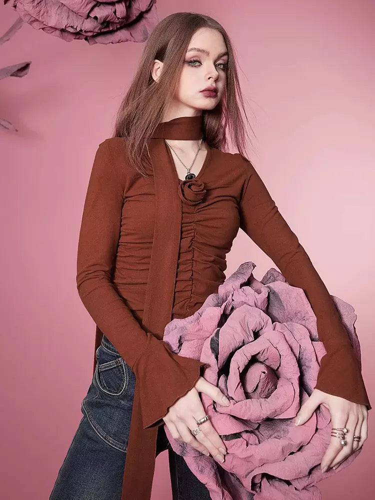 Casual Pleated V-neck Blouse With Flower Long Sleeve Shirt Mssza