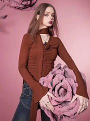 Casual Pleated V-neck Blouse With Flower Long Sleeve Shirt Mssza
