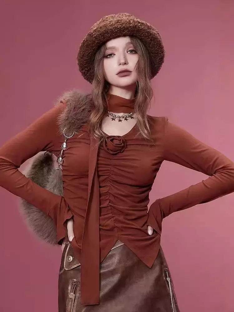 Casual Pleated V-neck Blouse With Flower Long Sleeve Shirt Mssza