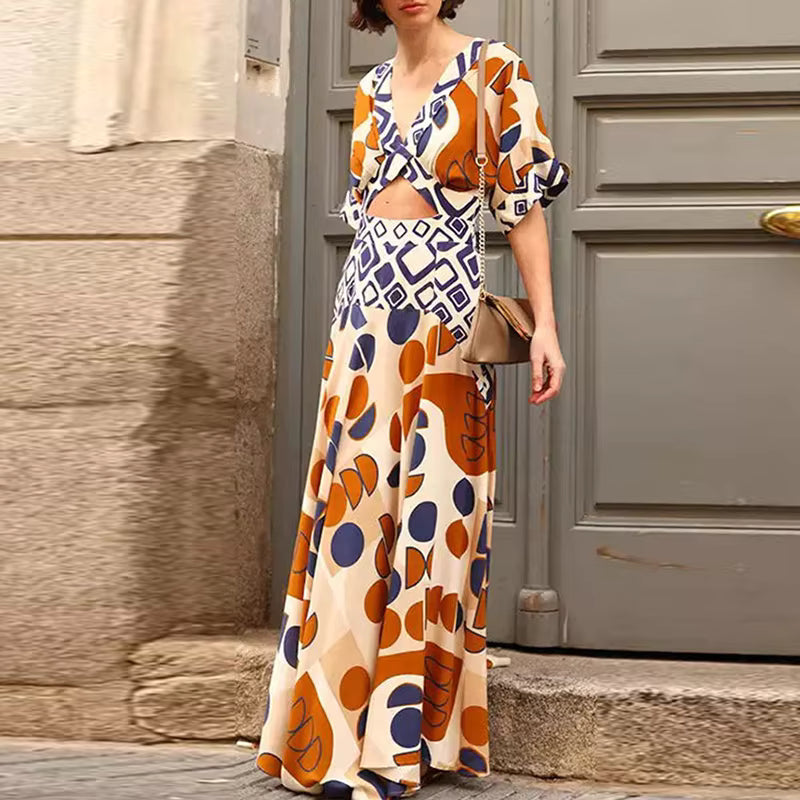 Casual Pleated V-neck Hollow Out Pattern Print Waist Slim Party Dress Mssza