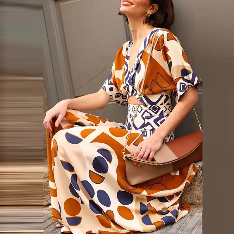 Casual Pleated V-neck Hollow Out Pattern Print Waist Slim Party Dress Mssza
