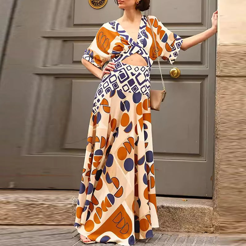 Casual Pleated V-neck Hollow Out Pattern Print Waist Slim Party Dress Mssza