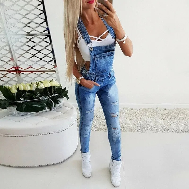 Casual Pocket Decor Ripped Denim One Piece Skinny Leg Distressed Jeans Jumpsuits Mssza