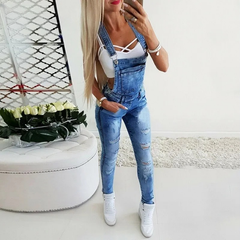 Casual Pocket Decor Ripped Denim One Piece Skinny Leg Distressed Jeans Jumpsuits Mssza