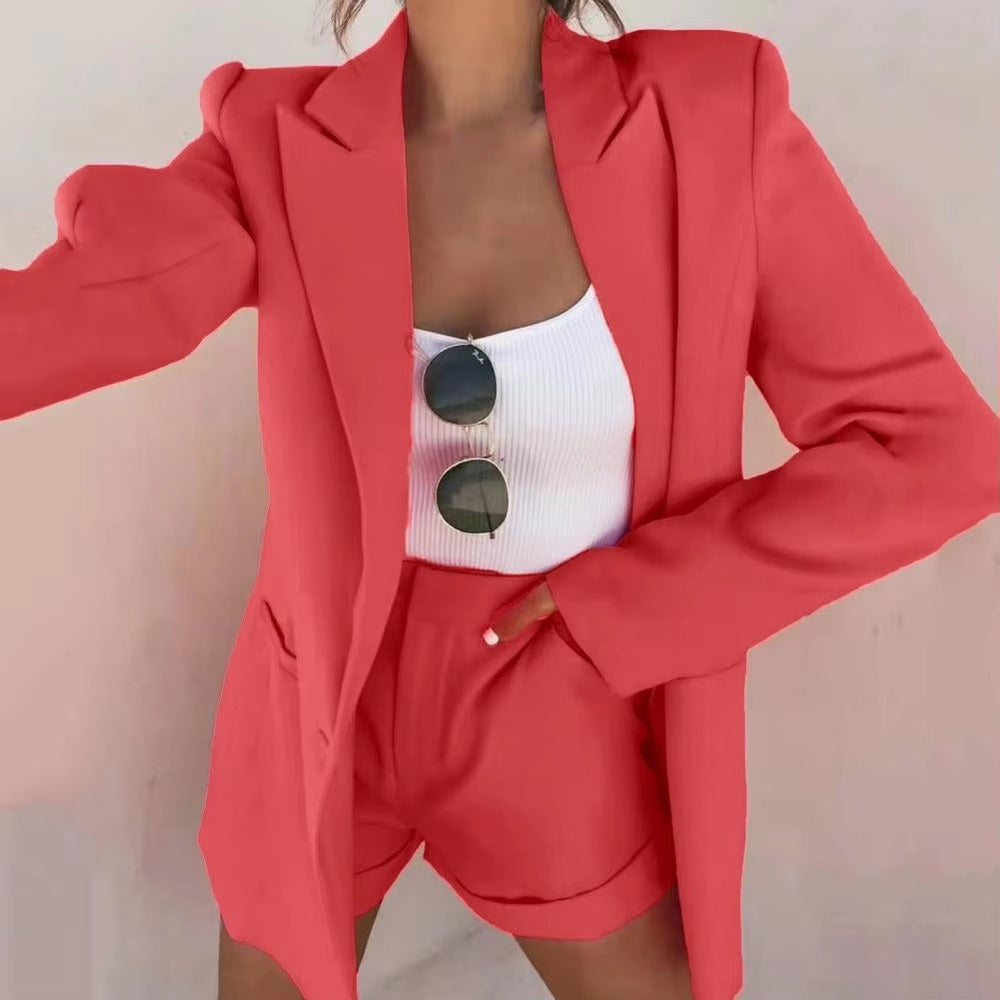 Casual Pocket Design Lady Business Cardigan Coat Shorts Set Office Outfit Short Suits Mssza