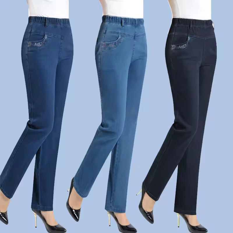 Casual Pocket Embroidery High Waist Stretch Straight Leg Pants Mssza
