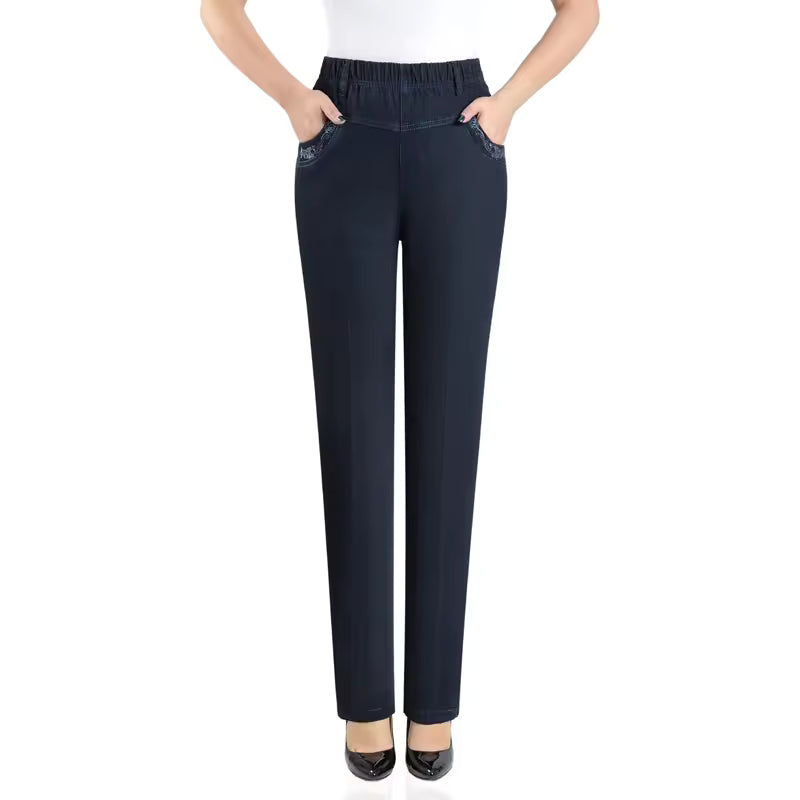 Casual Pocket Embroidery High Waist Stretch Straight Leg Pants Mssza
