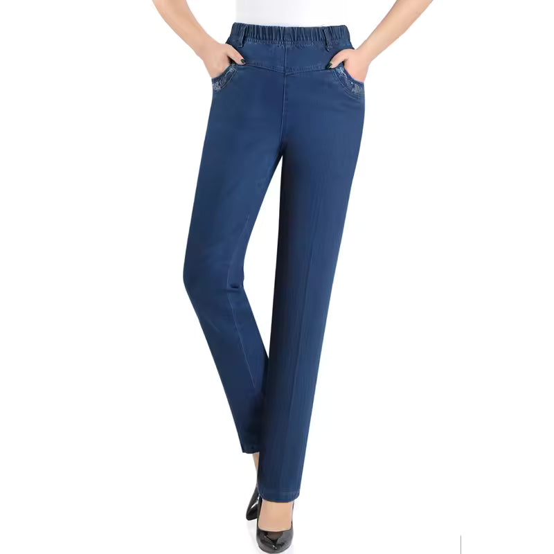 Casual Pocket Embroidery High Waist Stretch Straight Leg Pants Mssza
