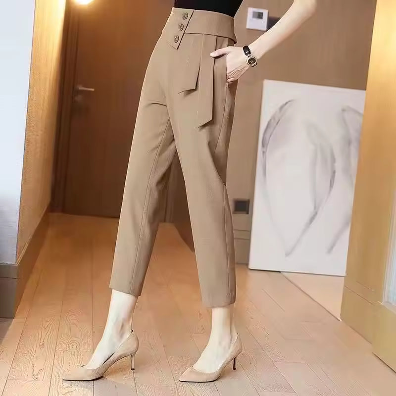 Casual Pockets Button Zipper High Waist Office Lady Ankle Length Trousers Mssza