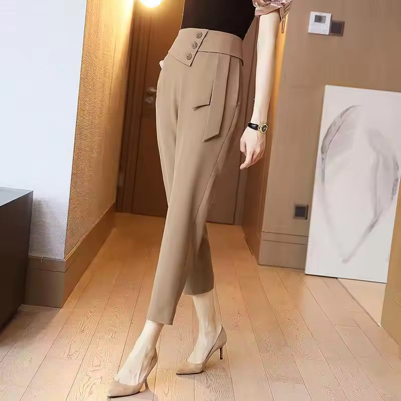 Casual Pockets Button Zipper High Waist Office Lady Ankle Length Trousers Mssza