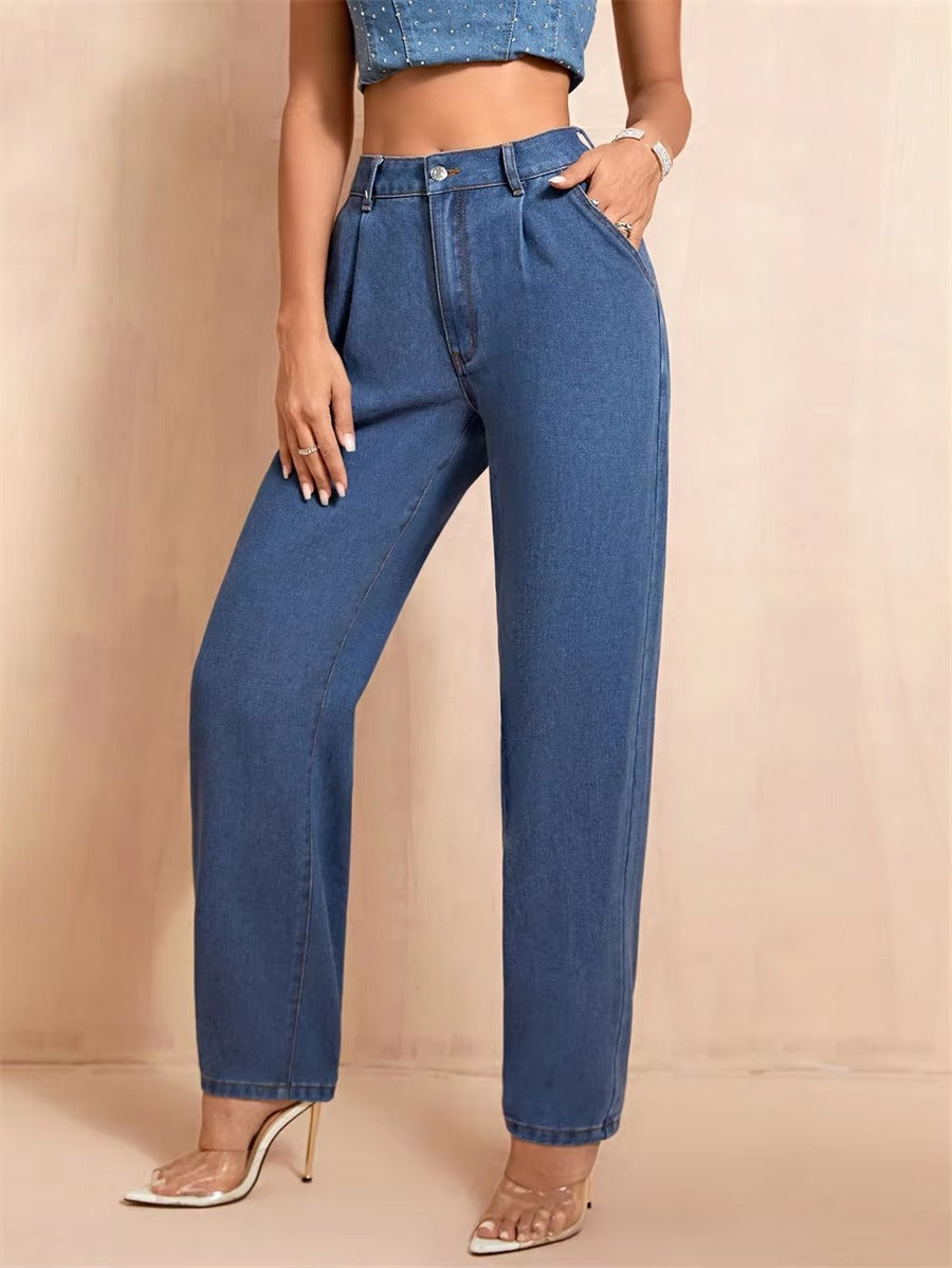 Casual Pockets Classic Baggy Straight Leg Vintage High Waisted Denim Pants Mssza