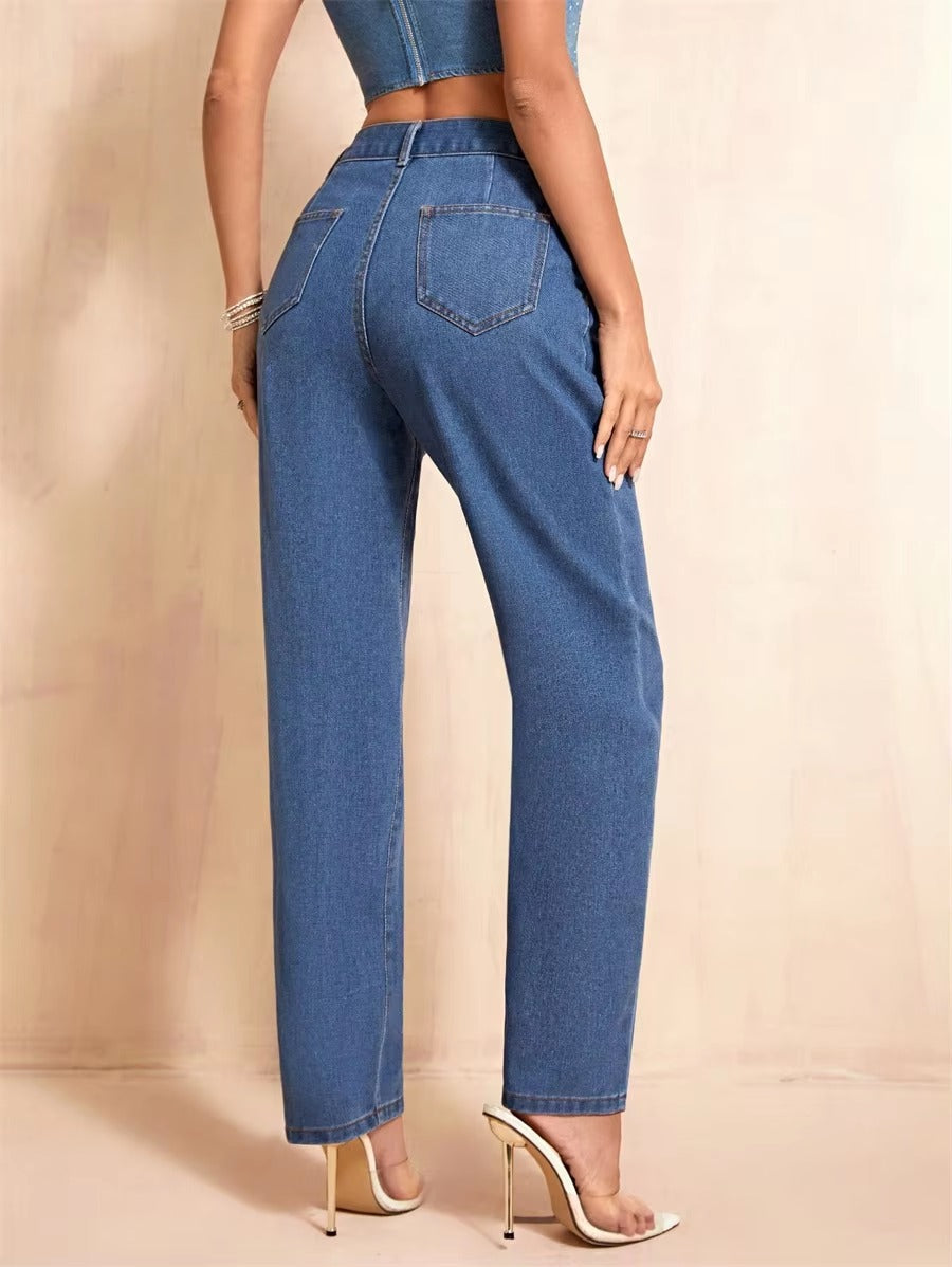 Casual Pockets Classic Baggy Straight Leg Vintage High Waisted Denim Pants Mssza