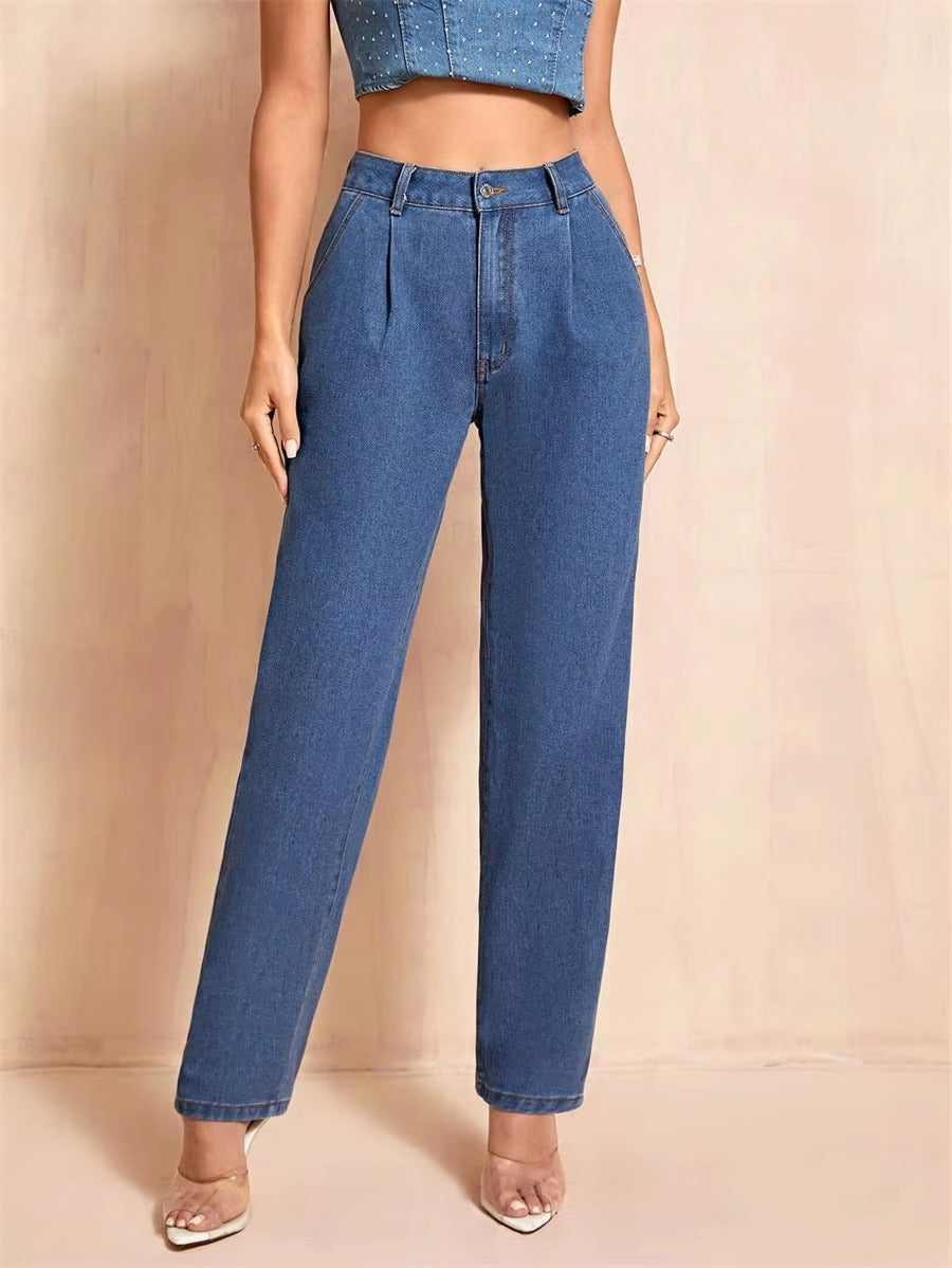 Casual Pockets Classic Baggy Straight Leg Vintage High Waisted Denim Pants Mssza