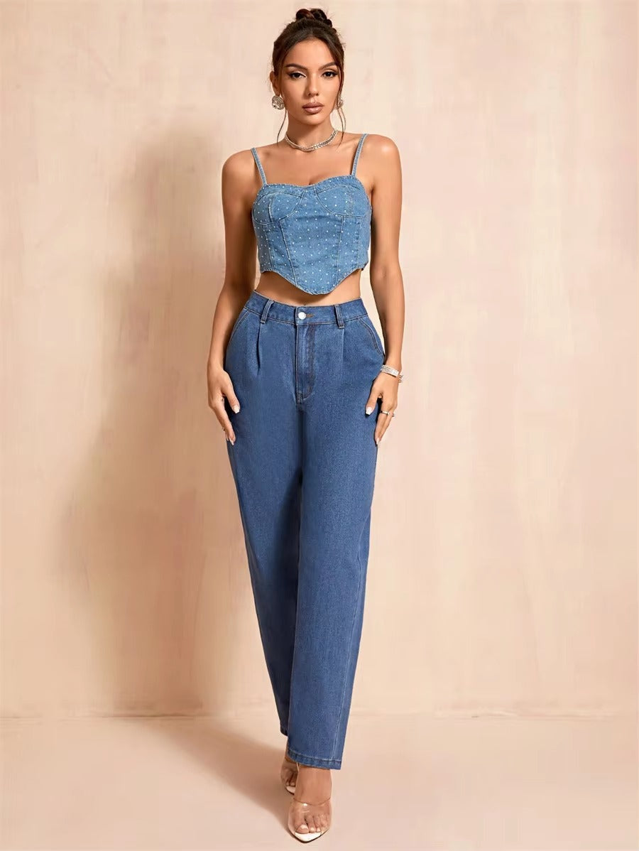 Casual Pockets Classic Baggy Straight Leg Vintage High Waisted Denim Pants Mssza