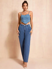 Casual Pockets Classic Baggy Straight Leg Vintage High Waisted Denim Pants Mssza