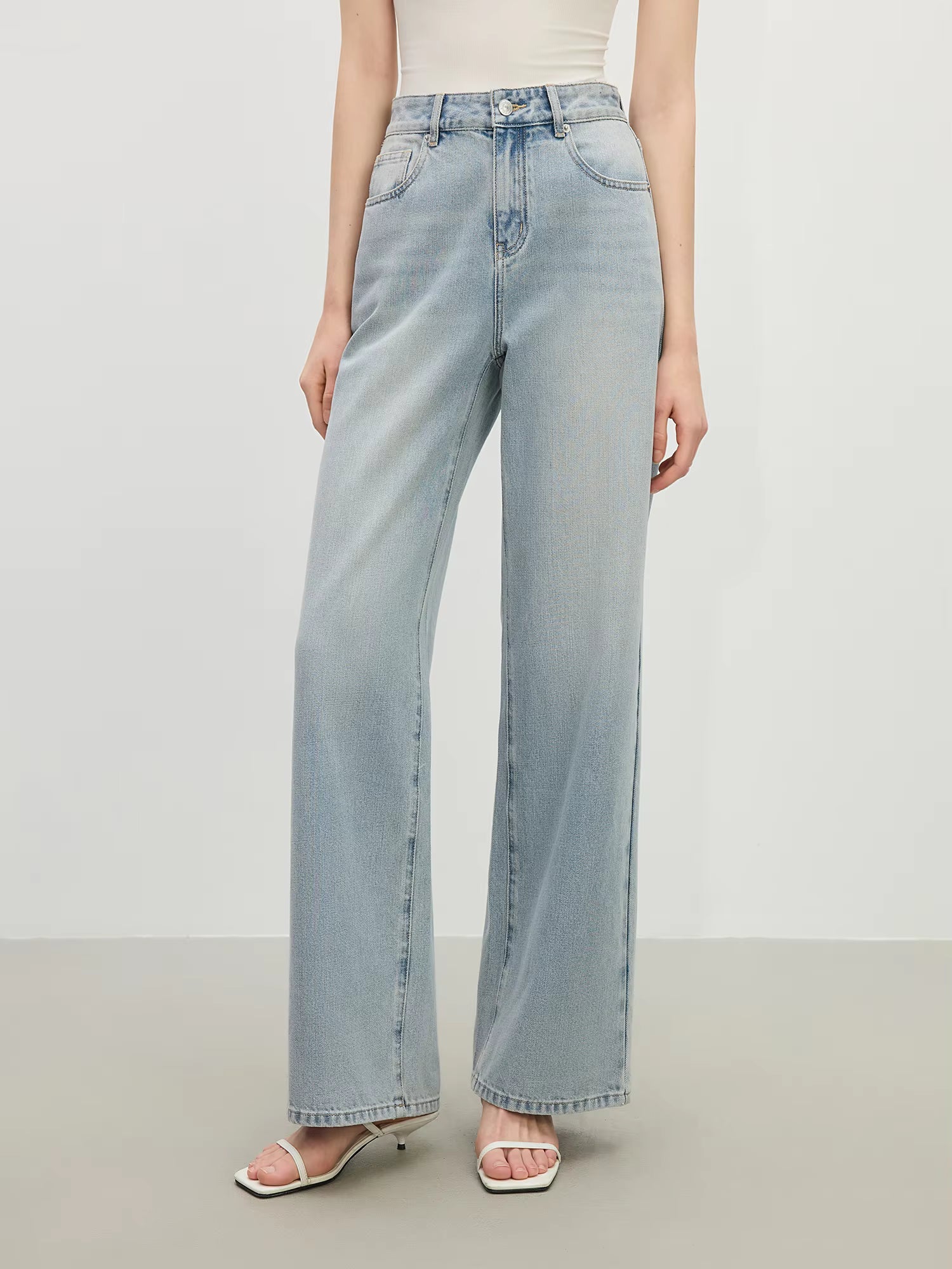 Casual Pockets Long Thin High Waist Drape Zipper Fly Wide-leg Straight Jeans Mssza