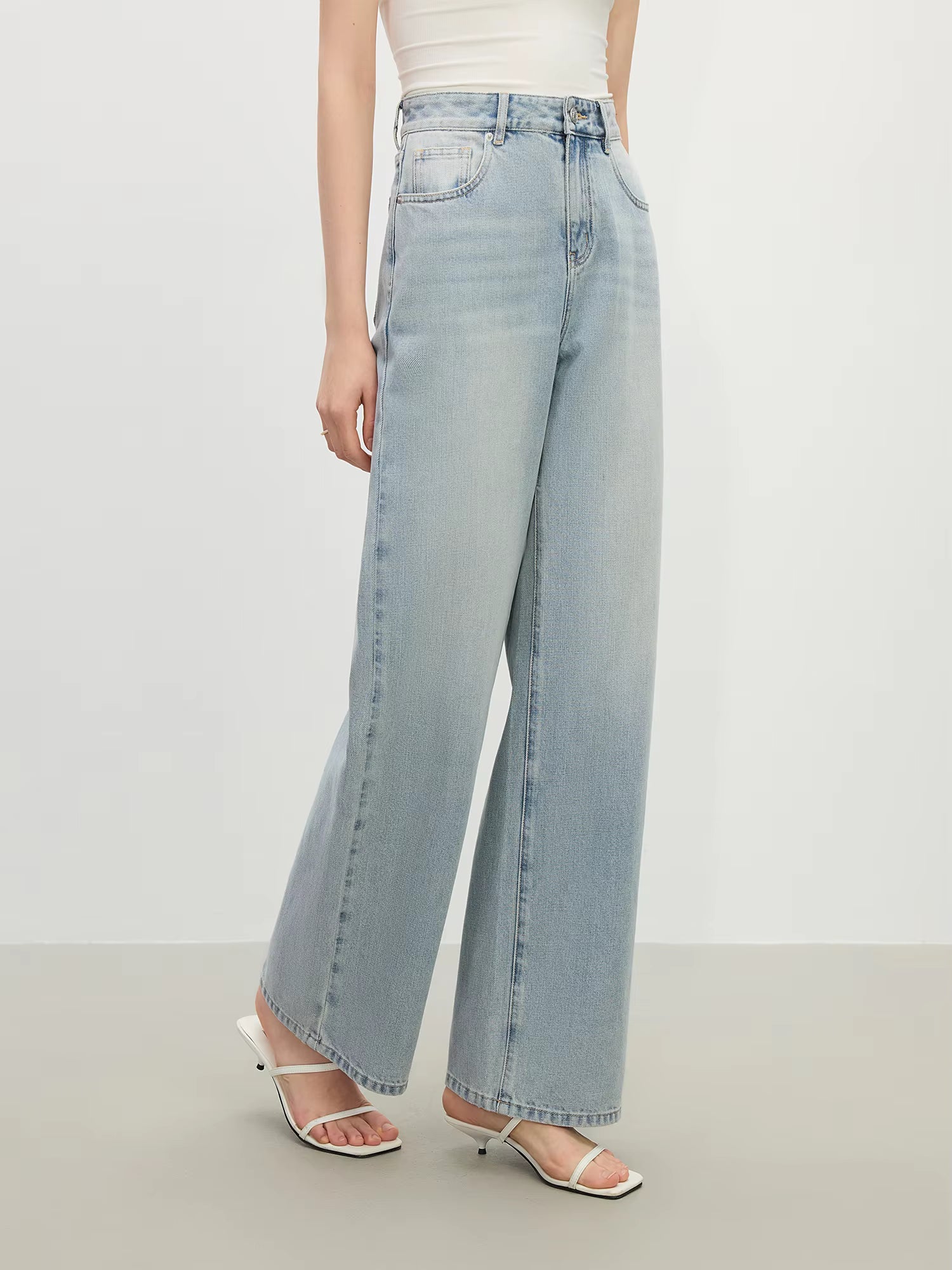 Casual Pockets Long Thin High Waist Drape Zipper Fly Wide-leg Straight Jeans Mssza