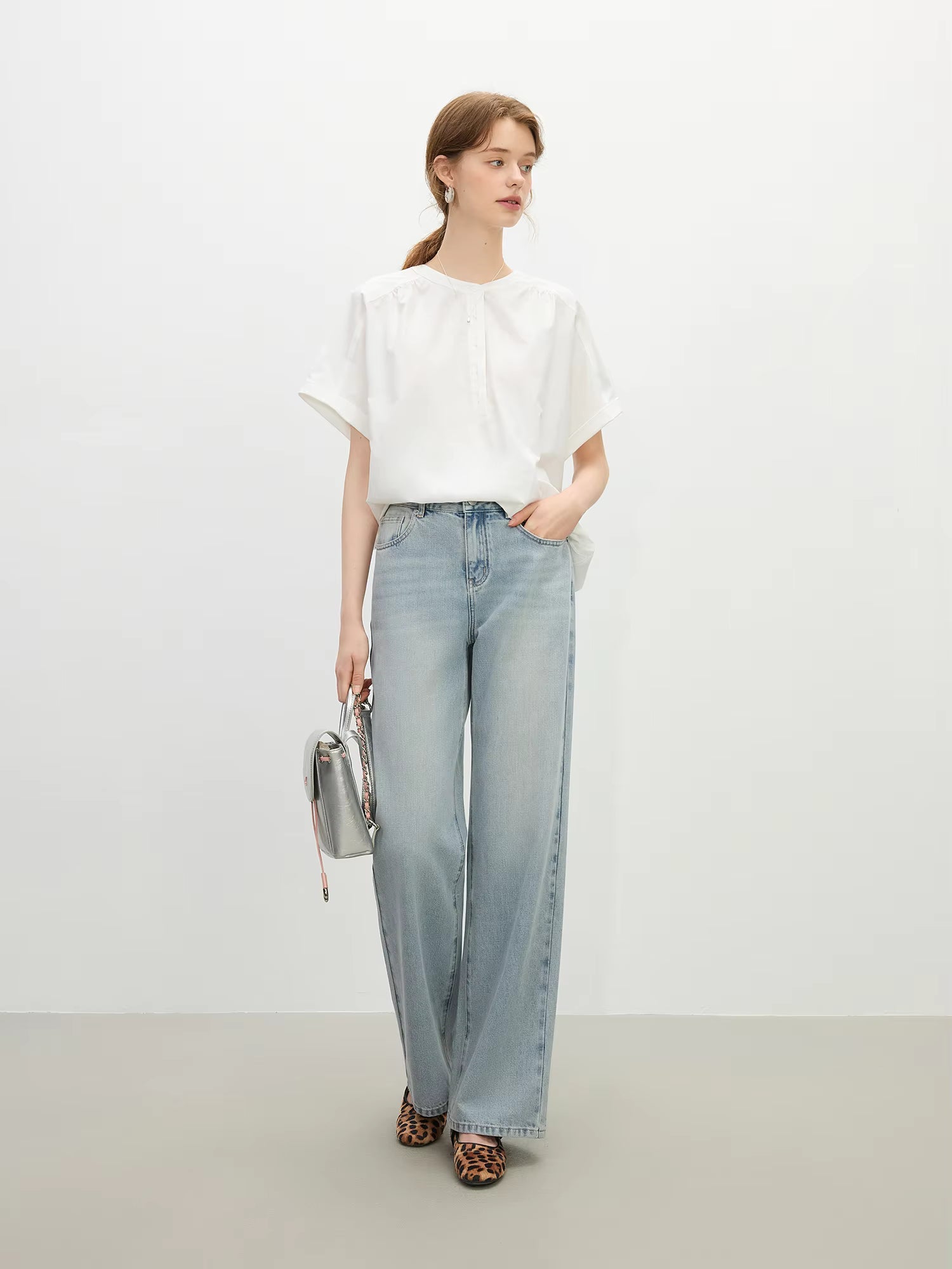 Casual Pockets Long Thin High Waist Drape Zipper Fly Wide-leg Straight Jeans Mssza