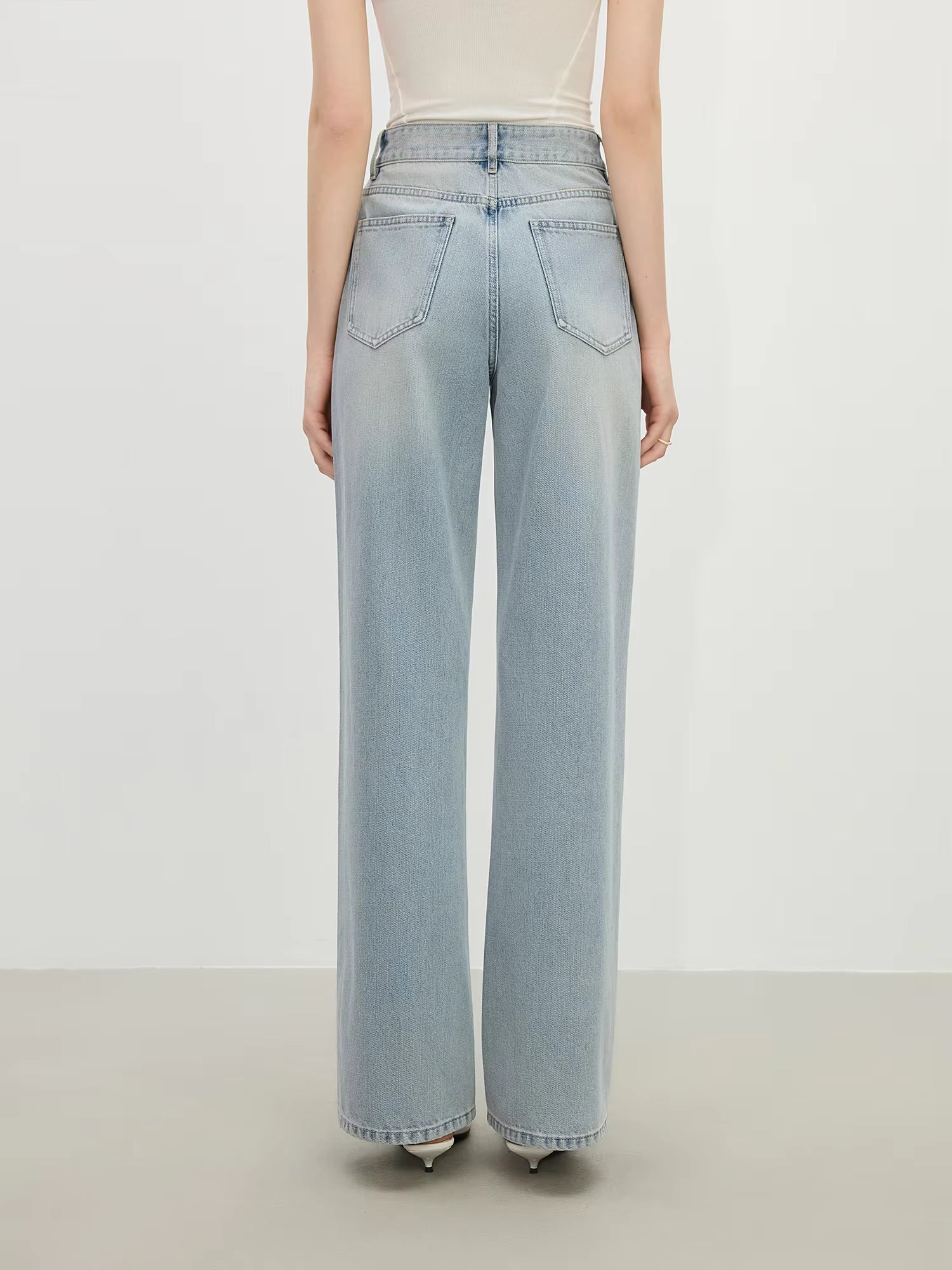 Casual Pockets Long Thin High Waist Drape Zipper Fly Wide-leg Straight Jeans Mssza