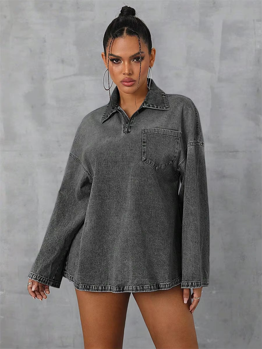 Casual Pockets Long-sleeved Turn-down Collar Zipper Loose Denim Blouse Tops Mssza