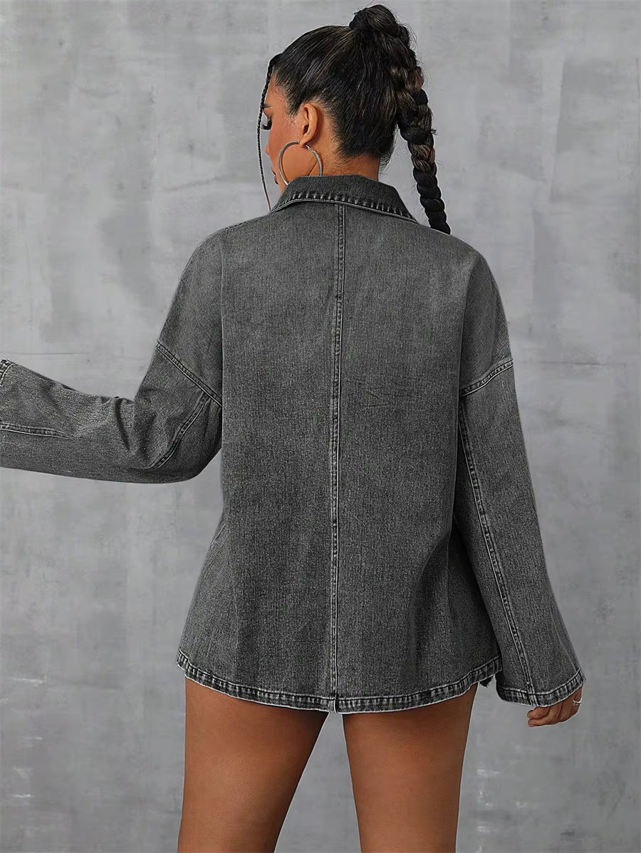 Casual Pockets Long-sleeved Turn-down Collar Zipper Loose Denim Blouse Tops Mssza