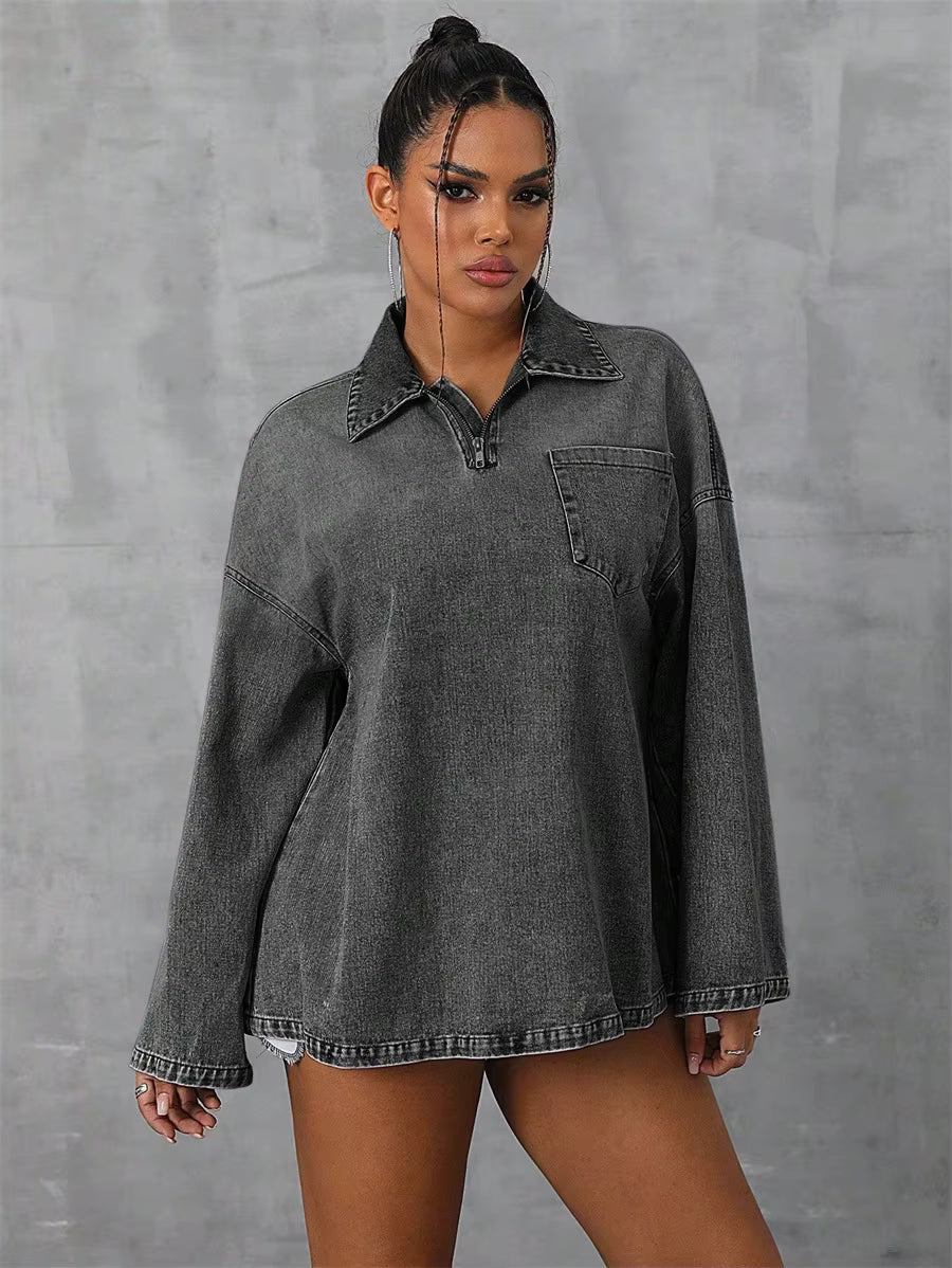 Casual Pockets Long-sleeved Turn-down Collar Zipper Loose Denim Blouse Tops Mssza