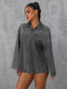 Casual Pockets Long-sleeved Turn-down Collar Zipper Loose Denim Blouse Tops Mssza