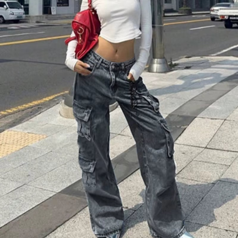 Casual Pockets Trendy Trousers Retro High-Waisted Straight Leg Jeans Mssza