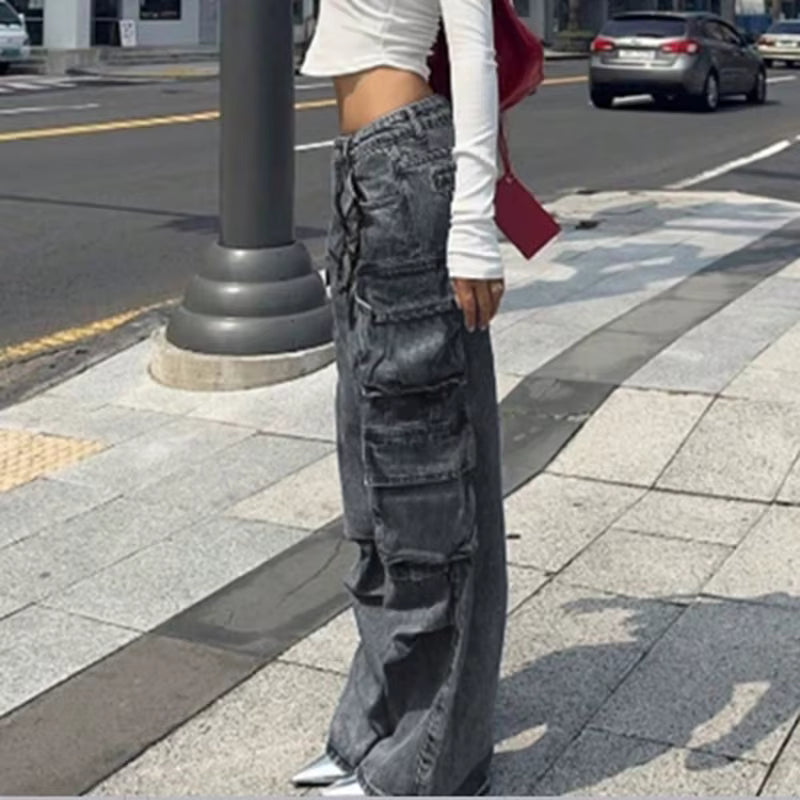 Casual Pockets Trendy Trousers Retro High-Waisted Straight Leg Jeans Mssza