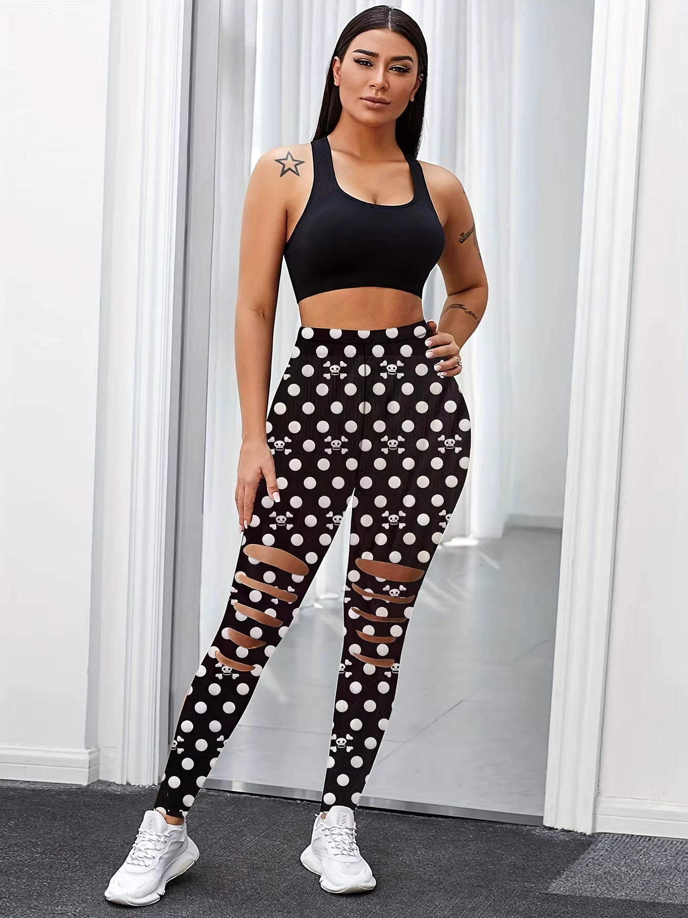 Casual Polka Dot Five Knife Hole Elastic High-Waisted Leggings Mssza