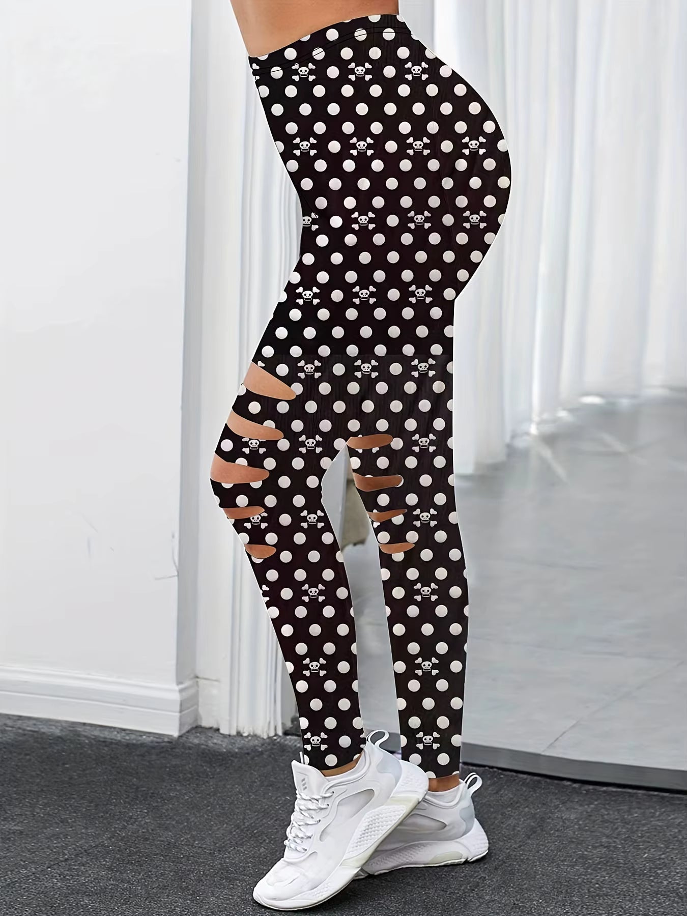 Casual Polka Dot Five Knife Hole Elastic High-Waisted Leggings Mssza