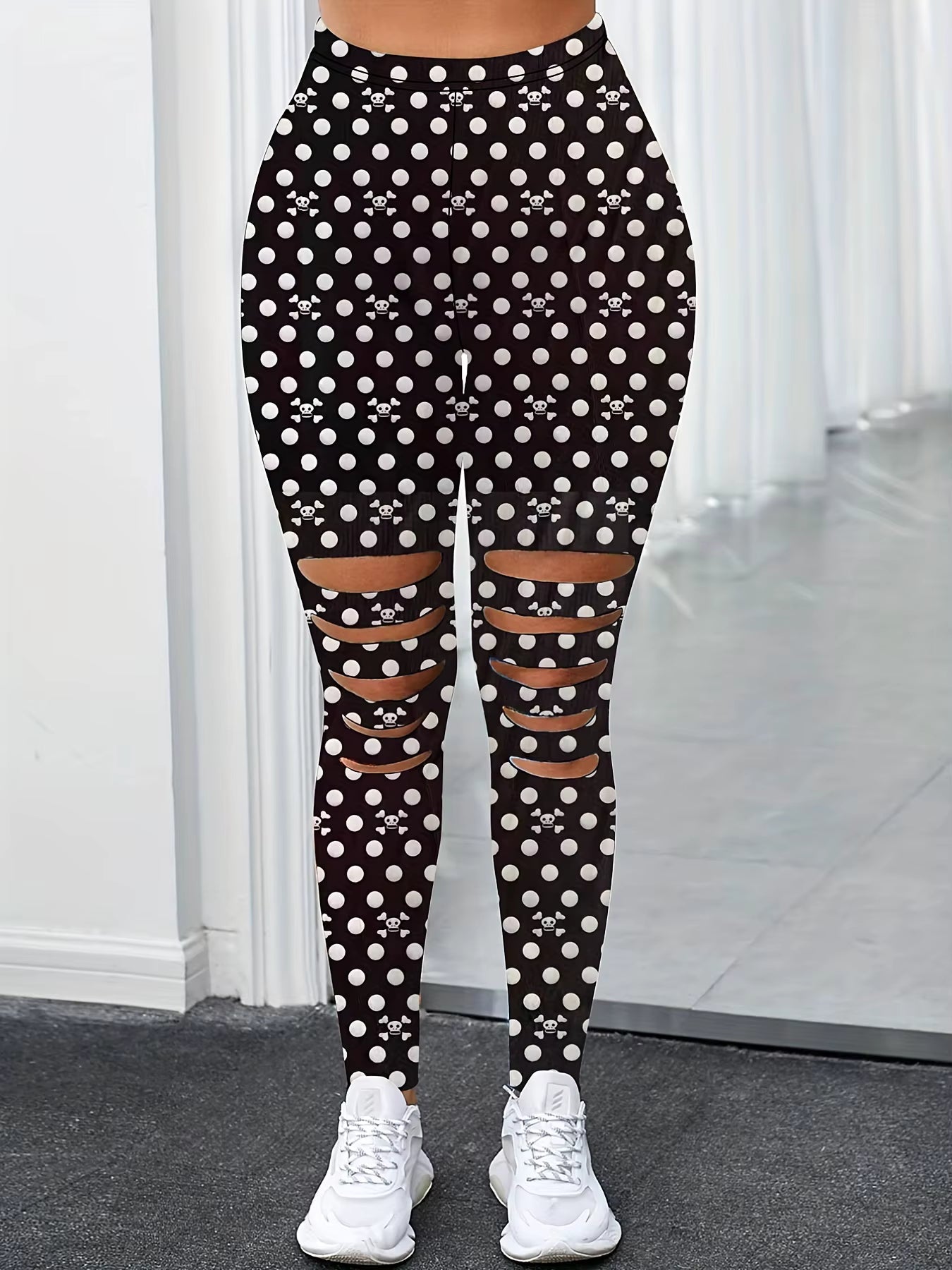 Casual Polka Dot Five Knife Hole Elastic High-Waisted Leggings Mssza