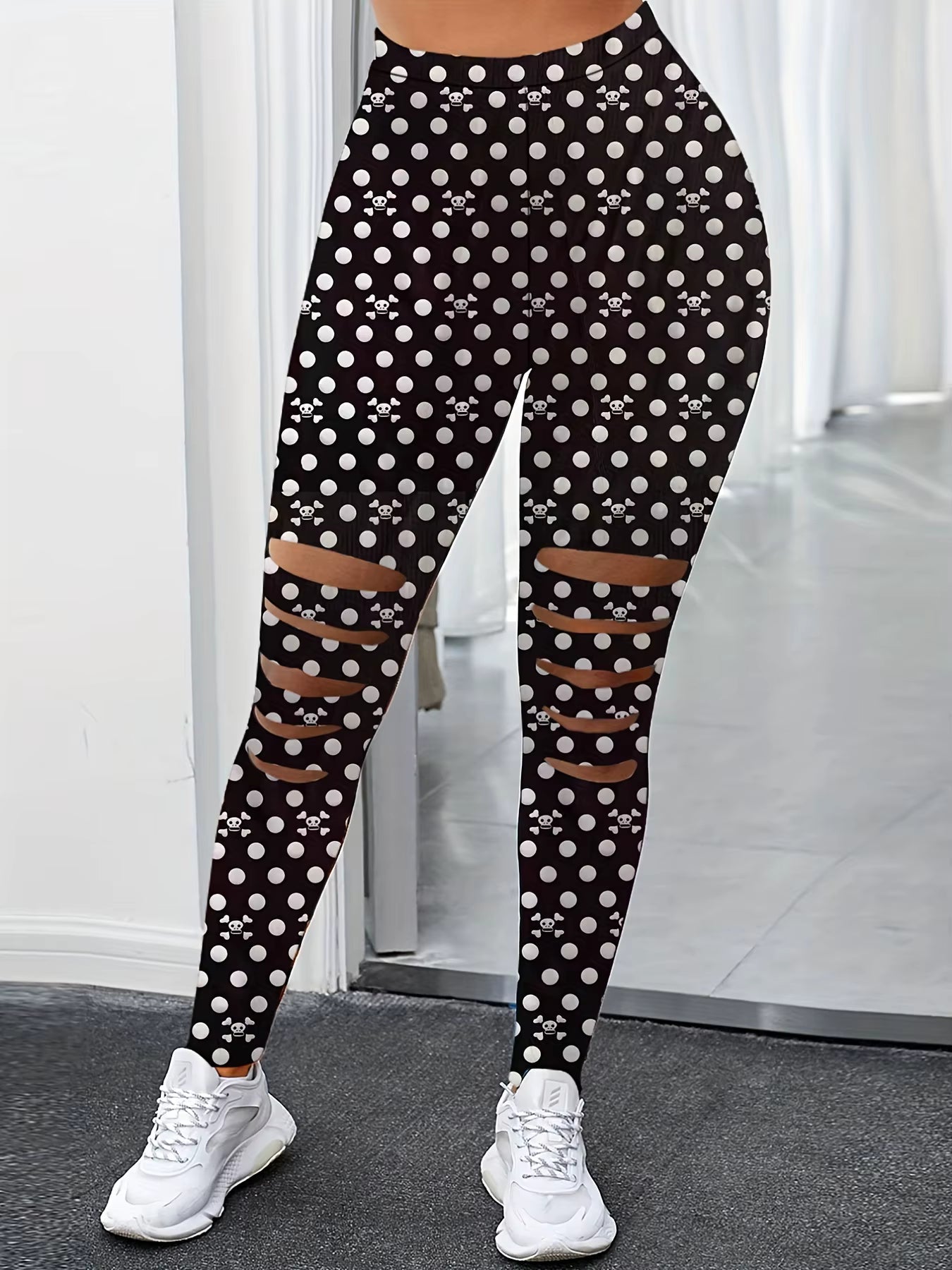 Casual Polka Dot Five Knife Hole Elastic High-Waisted Leggings Mssza
