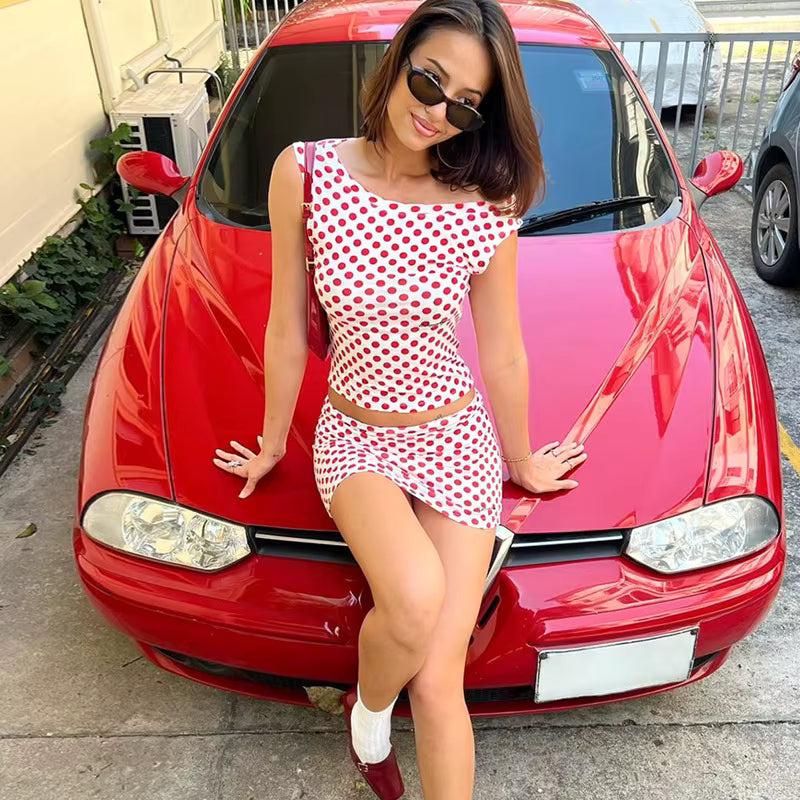 Casual Polka Dot Printed Off One Shoulder Tank Top Mini Skirt 2 Piece Set Mssza