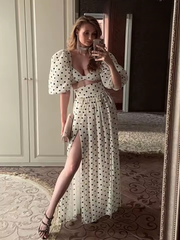 Casual Polka Dots Printed Suit Cropped Square Neck Top Slit High Waist Skirt Mssza