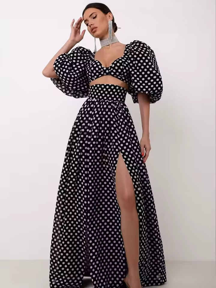 Casual Polka Dots Printed Suit Cropped Square Neck Top Slit High Waist Skirt Mssza