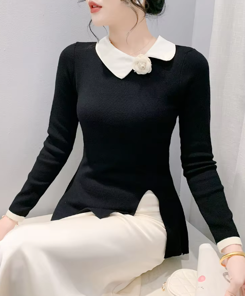 Casual Polo Collor Pullover Slim Fitting Long Sleeve Base Knitted Split Tops Mssza