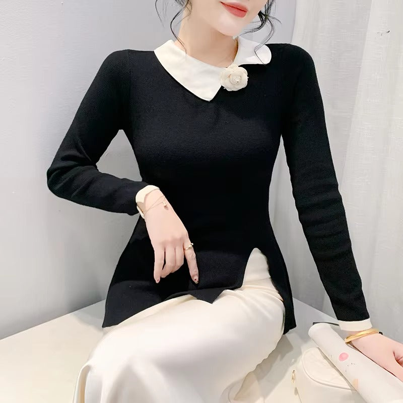 Casual Polo Collor Pullover Slim Fitting Long Sleeve Base Knitted Split Tops Mssza