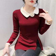 Casual Polo Collor Pullover Slim Fitting Long Sleeve Base Knitted Split Tops Mssza