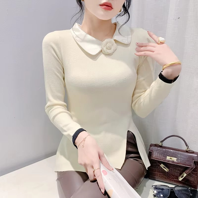 Casual Polo Collor Pullover Slim Fitting Long Sleeve Base Knitted Split Tops Mssza