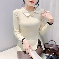 Casual Polo Collor Pullover Slim Fitting Long Sleeve Base Knitted Split Tops Mssza