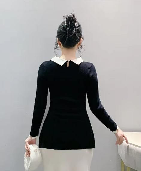 Casual Polo Collor Pullover Slim Fitting Long Sleeve Base Knitted Split Tops Mssza