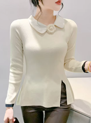 Casual Polo Collor Pullover Slim Fitting Long Sleeve Base Knitted Split Tops Mssza