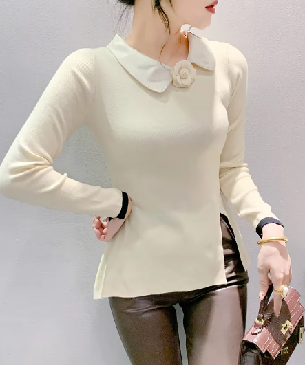 Casual Polo Collor Pullover Slim Fitting Long Sleeve Base Knitted Split Tops Mssza