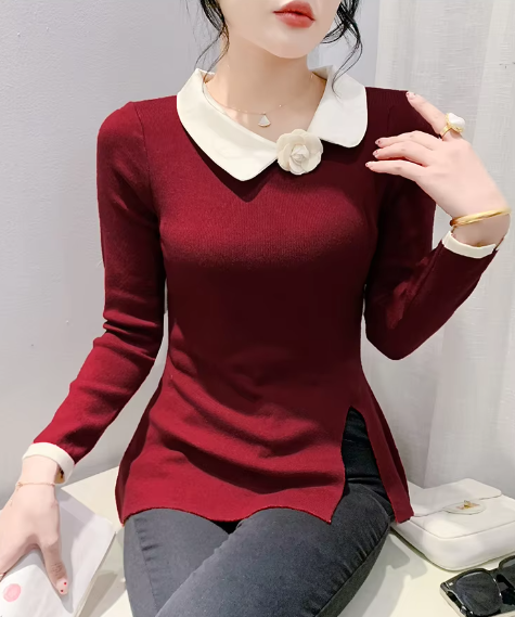 Casual Polo Collor Pullover Slim Fitting Long Sleeve Base Knitted Split Tops Mssza