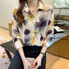 Casual Polo-neck Floral Print Sweet Chiffon Shirt Mssza