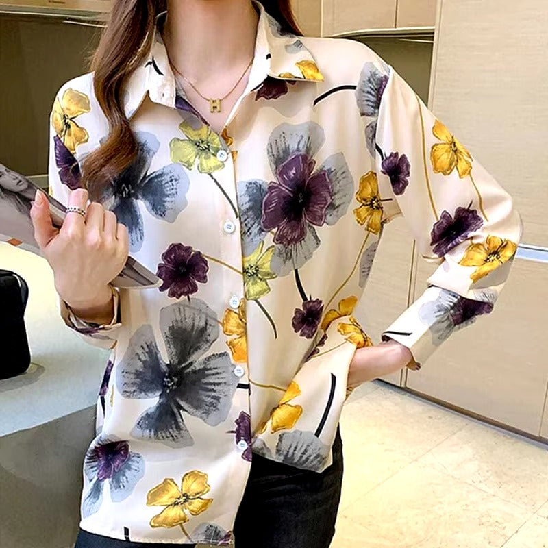 Casual Polo-neck Floral Print Sweet Chiffon Shirt Mssza