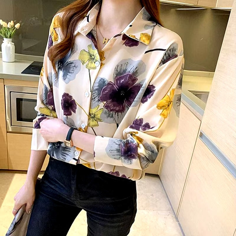 Casual Polo-neck Floral Print Sweet Chiffon Shirt Mssza