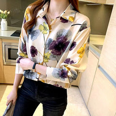 Casual Polo-neck Floral Print Sweet Chiffon Shirt Mssza