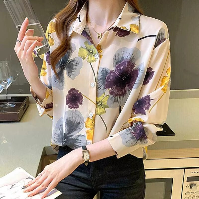 Casual Polo-neck Floral Print Sweet Chiffon Shirt Mssza